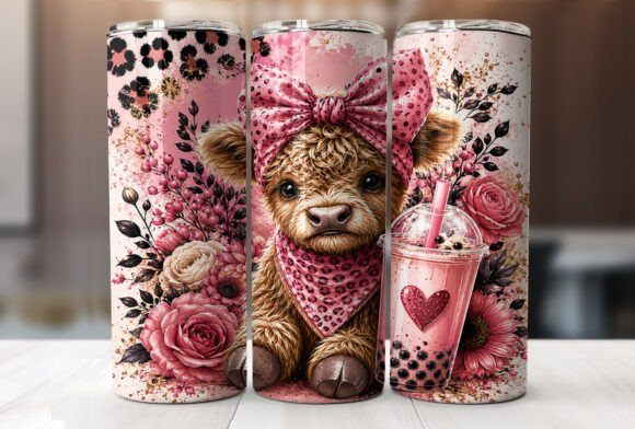Download Pink Highland Cow Floral Tumbler Wraps - Floral tumbler wrap Collection